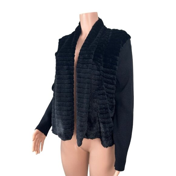 Ruby Rd Women SZ 10 RUN BIG Black Faux Fur Cardigan Sweater-Open Front-Stretchy - Picture 4 of 11